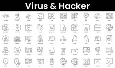 Ana hatlı virüs ve hacker simgeleri. Minimalist ince doğrusal ağ simgesi seti. vektör illüstrasyonu.