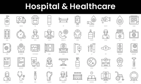 Σύνολο Περίγραμμα Νοσοκομείο Και Εικόνες Υγειονομικής Περίθαλψης Μινιμαλιστικό Λεπτό Γραμμικό — Διανυσματικό Αρχείο