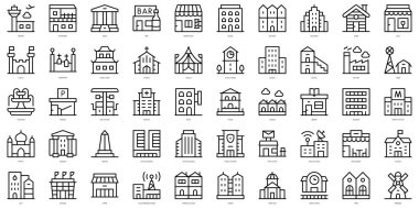 Set of simple outline urban building Icons. Thin line art icons pack. Vector illustration
