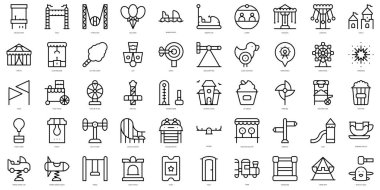 Basit ana hatlı lunapark simgeleri. İnce çizgili sanat simgeleri paketi. Vektör illüstrasyonu