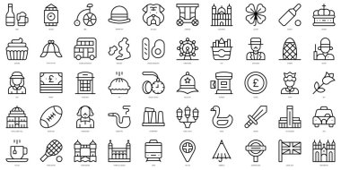 İngiltere Simgeleri 'nin basit taslakları. İnce çizgili sanat simgeleri paketi. Vektör illüstrasyonu