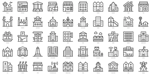 Set Simple Outline Urban Building Icons Thin Line Art Icons — Vetor de Stock