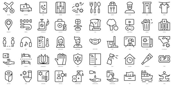 Set of simple outline quarantine Icons. Thin line art icons pack. Vector illustration