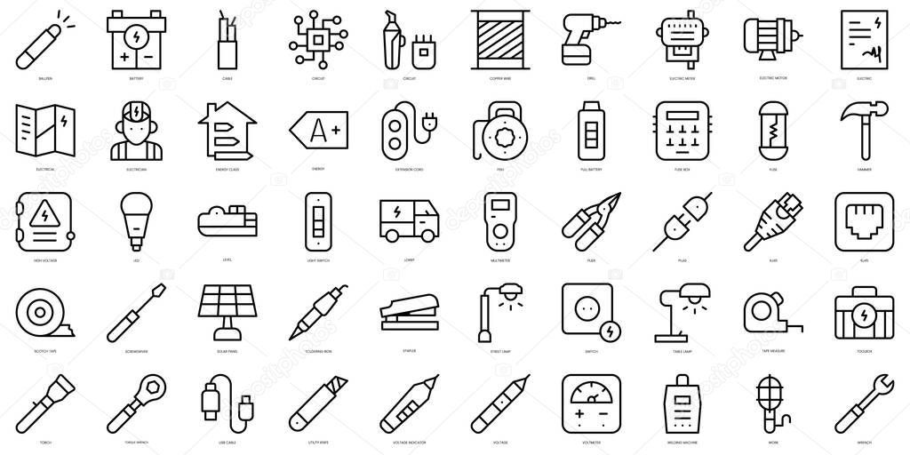 Set of simple outline electrician tools and elements Icons. Thin line art icons pack. Vector illustration