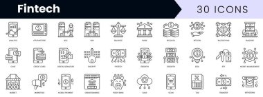 Taslak fintech simgeleri. Minimalist ince doğrusal ağ simgesi seti. vektör illüstrasyonu.