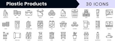 Bir dizi plastik ürün ikonu. Minimalist ince doğrusal ağ simgesi seti. vektör illüstrasyonu.