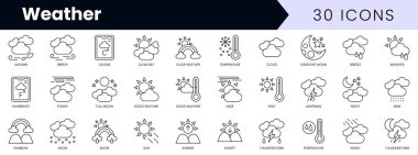 Bir dizi hava durumu ikonu. Minimalist ince doğrusal ağ simgesi seti. vektör illüstrasyonu.