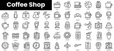Taslak kahve dükkanı ikonları. Minimalist ince doğrusal ağ simgesi seti. vektör illüstrasyonu.