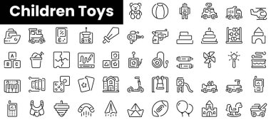 Ana hatlı çocuk oyuncakları ikonları. Minimalist ince doğrusal ağ simgesi seti. vektör illüstrasyonu.