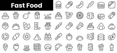 Bir dizi fast food ikonu. Minimalist ince doğrusal ağ simgesi seti. vektör illüstrasyonu.