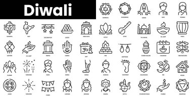Bir dizi diwali simgesi. Minimalist ince doğrusal ağ simgesi seti. vektör illüstrasyonu.