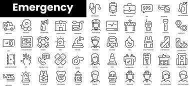 Bir dizi acil durum ikonu. Minimalist ince doğrusal ağ simgesi seti. vektör illüstrasyonu.