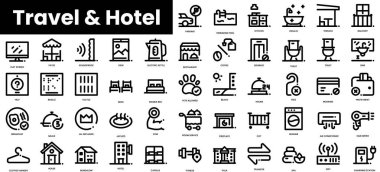 Bir dizi seyahat ve otel ikonları. Minimalist ince doğrusal ağ simgesi seti. vektör illüstrasyonu.