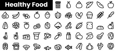 Bir dizi sağlıklı gıda ikonu. Minimalist ince doğrusal ağ simgesi seti. vektör illüstrasyonu.