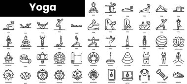 Bir grup yoga ikonu. Minimalist ince doğrusal ağ simgesi seti. vektör illüstrasyonu.