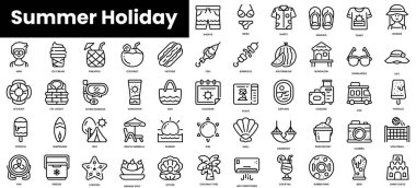 Bir dizi yaz tatili ikonu. Minimalist ince doğrusal ağ simgesi seti. vektör illüstrasyonu.