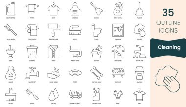 Set of cleaning icons. Thin outline icons pack. Vector illustration