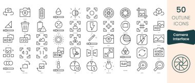 Kamera arayüzü simgeleri seti. İnce doğrusal simgeler paketleyin. Vektör İllüstrasyonu