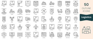 Bir dizi lojistik simge. İnce doğrusal simgeler paketleyin. Vektör İllüstrasyonu