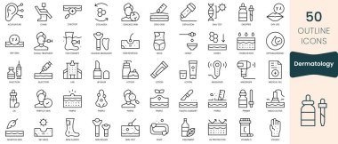 Bir dizi dermatoloji ikonu. İnce doğrusal simgeler paketleyin. Vektör İllüstrasyonu