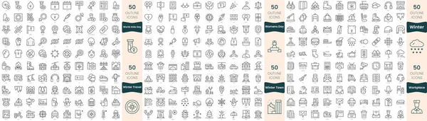 Paquete 300 Iconos Línea Delgada Este Conjunto Incluyen Ciudad Invierno — Vector de stock
