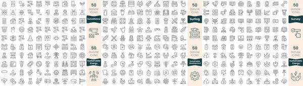 300 ince çizgi simgesi. Bu kümede sörf, izleme, araştırma, sürdürülebilir kalkınma ve sürdürülebilir enerji yer almaktadır.