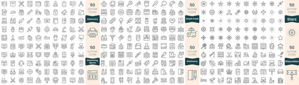 300 ince çizgi simgesi. Bu sette yıldızlar, kırtasiye, konaklama, spor haberleri, sokak yemekleri yer alıyor.