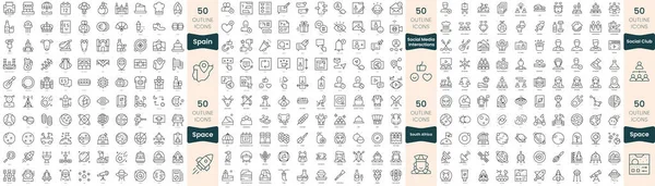 300个细线图标捆绑在一起 其中包括社交俱乐部 社交媒体互动 西班牙 — 图库矢量图片