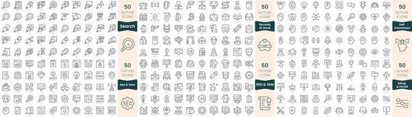 300 ince çizgi simgesi. Bu kümede arama, iş güvenliği, öz farkındalık, seo ve sem, kurulum ve kurulum yer almaktadır