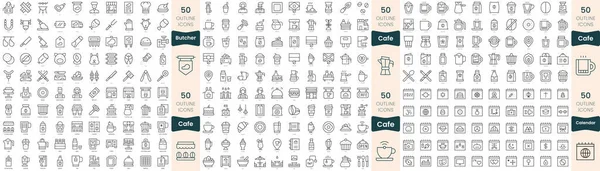 Paquete 300 Iconos Línea Delgada Este Conjunto Incluyen Carnicero Cafetería — Vector de stock