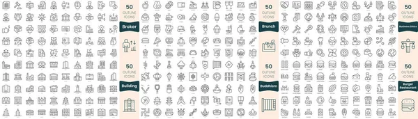 300 ince çizgi simgesi. Bu sette broker, brunch, Budizm, bina, burger restoranı, iş ahlakı yer alıyor.