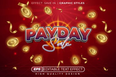 Düzenlenebilir 3D metin efekti maaş günü indirimi. Bozuk paralar saçılmış ve parıldıyor