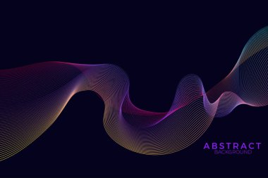 Soyut çok renkli arkaplan çizgileri, koyu mavi arkaplan üzerinde minimalist tarzda dalga çizgileri oluşturur..