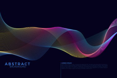 Soyut çok renkli arkaplan çizgileri, koyu mavi arkaplan üzerinde minimalist tarzda dalga çizgileri oluşturur..