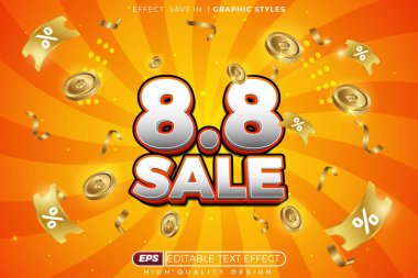 Düzenlenebilir 3d vektör metin efekti 8.8 Ağustos afiş tanıtımı için. Sarı arkaplan fişi ve bozuk para ile