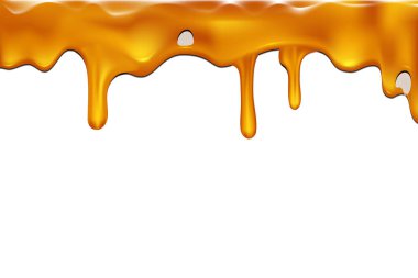 Altın Bal Dökümlü Sıvı Vektörü Beyaz Arkaplanda izole edildi. Banner veya Poster Tasarımı İçin Gerçekçi Parlak Altın Damlatma Efekti