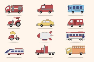 Düzenlenebilir Ulaşım Simgeleri Vektör Kümesi. İtfaiye aracı, traktör, taksi, otobüs, bisiklet Rickshaw, hava aracı, tren, yarı kamyon ve teslimat kamyonu.