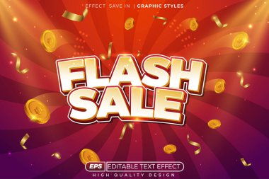Kırmızı Arkaplanda Altın Paralar ve Flash Satış Tanıtımı için Düzenlenebilir 3D Kalın Metin Efekti. İndirimli Sancak ve Poster Tasarım Şablonu