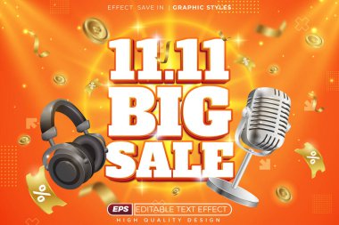 Düzenlenebilir 3D metin efekti 11.11. Ticari poster tasarımı şablonu için mikrofon ve kulaklıkla büyük indirim