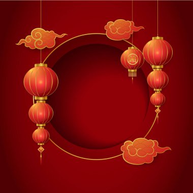 Kırmızı arka planda fener ve bulutlu Çin festivali için kare besin