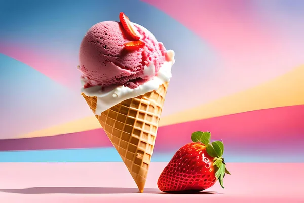 stock image A pink ice cream cone with a strawberry on top