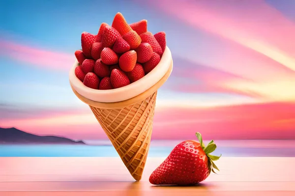 背景にピンクの背景と青い空のイチゴのアイスクリームコーン — ストック写真