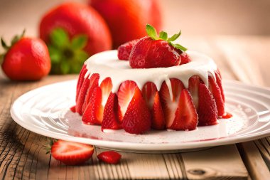 Üzerinde beyaz krema ve çilek olan çilekli bir pasta.