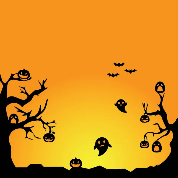 Fröhliche Halloween Hintergrund Mit Bäumen Und Kürbissen — Stockvektor