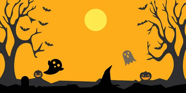 Fröhliche Halloween Hintergrund Mit Bäumen Und Kürbissen — Stockvektor