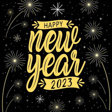 Happy new year with festive. Lettering Composition With Stars And Sparkles. Vector Illustration. dark background. holyday decorative elements. congratulation.