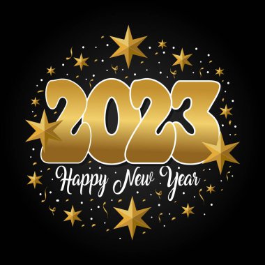 Happy new year with festive. Lettering Composition With Stars And Sparkles. Vector Illustration. dark background. holyday decorative elements. congratulation.