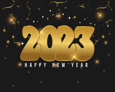 Happy new year 2023 with festive. Lettering Composition With Stars And Sparkles. Vector Illustration. dark background. holyday decorative elements. congratulation