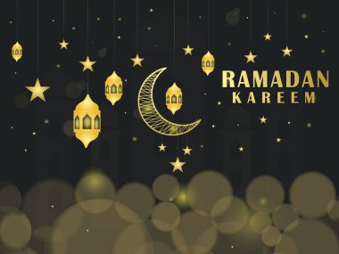 Ramazan Kareem Arap lambası tasarım kartı. Vektör illüstrasyonu, poster ve afiş için arka plan dekoratif süslemesi.