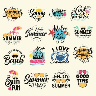 Yaz tırnak işaretleri, logolar, el yazması etiketler ve elementler. Komik Yaz alıntıları SVG dosyaları kesiyor tatil, seyahat, sahil tatili, güneş. Vektör illüstrasyonu.